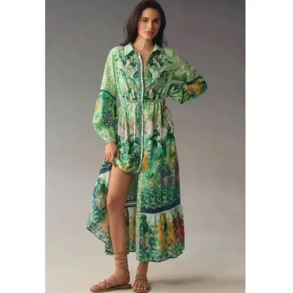 Anthropologie Long-Sleeve Printed Maxi Shirt Dress Jungle Print - Picture 6 of 14